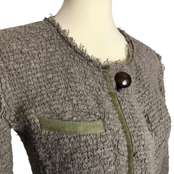 Isabel Marant Taupe Boucle Tweed Woven Snap Button Leather Trim Coat Jacket 0 - Picture 3 of 16